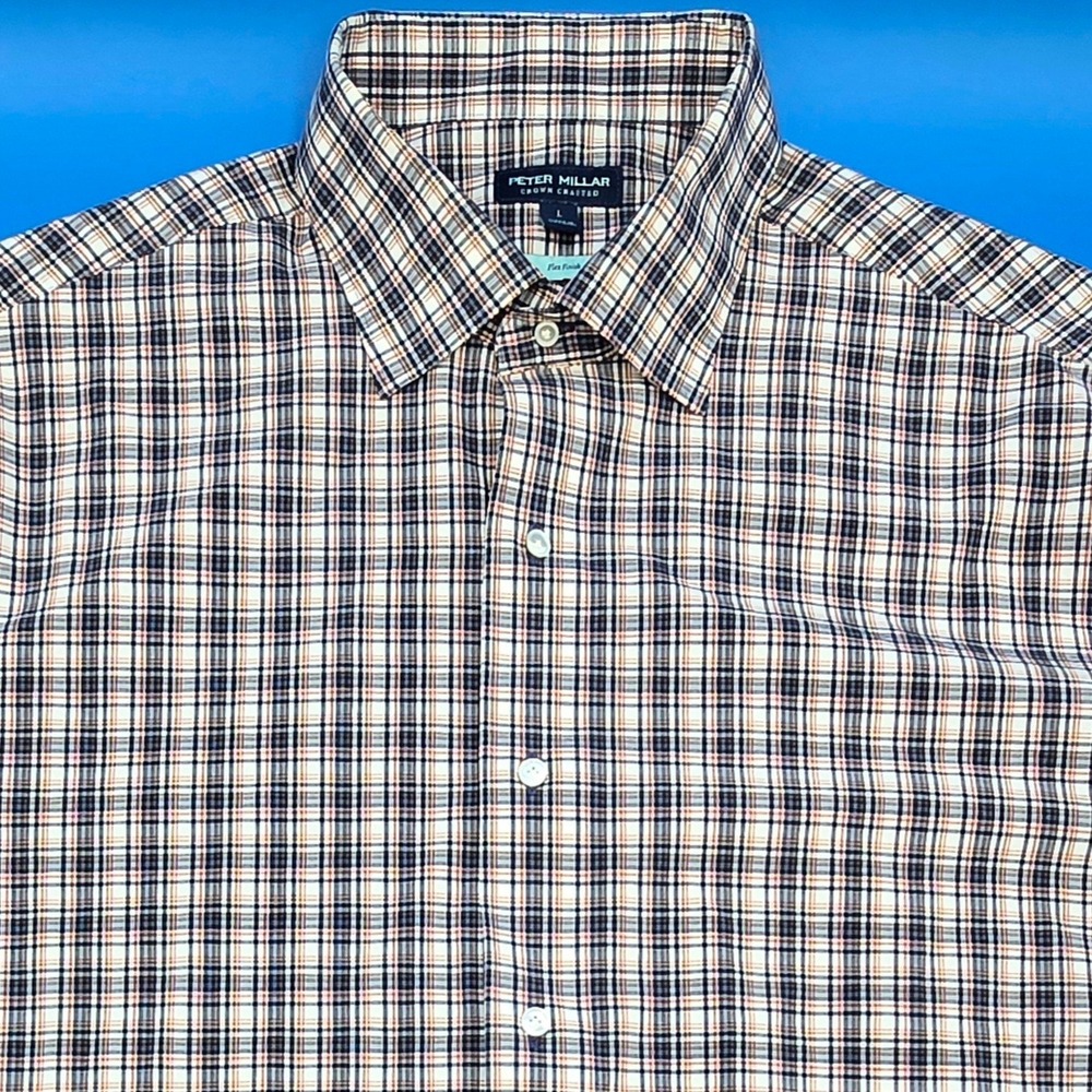 Peter Millar Crown Crafted Flex Finish Shirt Men's Large Blue Plaid Tailored Fit